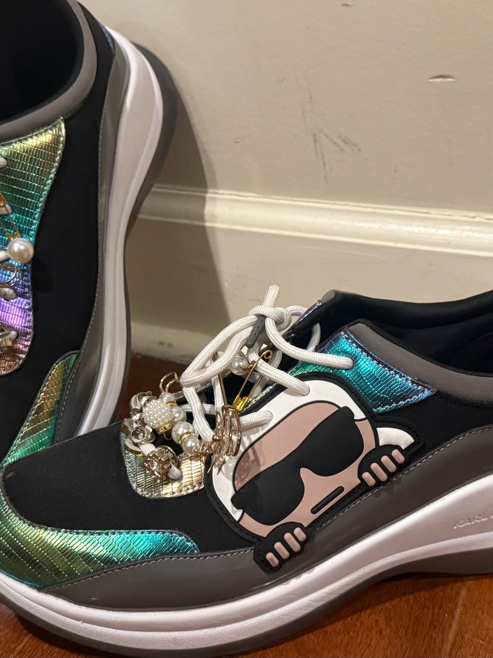 Karl Lagerfeld Black Sneakers with Iridescent Teal-Green Accents